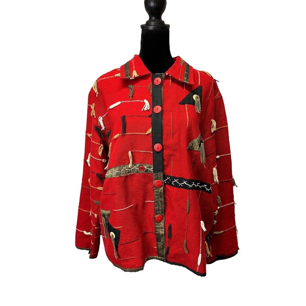 90s Orvis Cotton Tapestry Funky Artsy Jacket Red Tribal Button Up Women’s Large